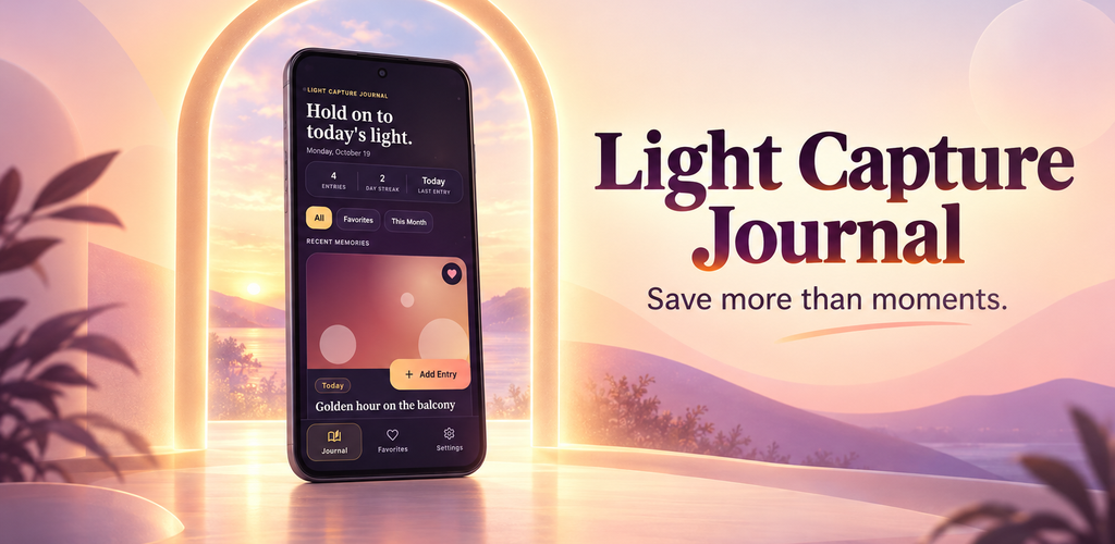 Light Capture Journal promotional artwork showing the mobile app at sunset