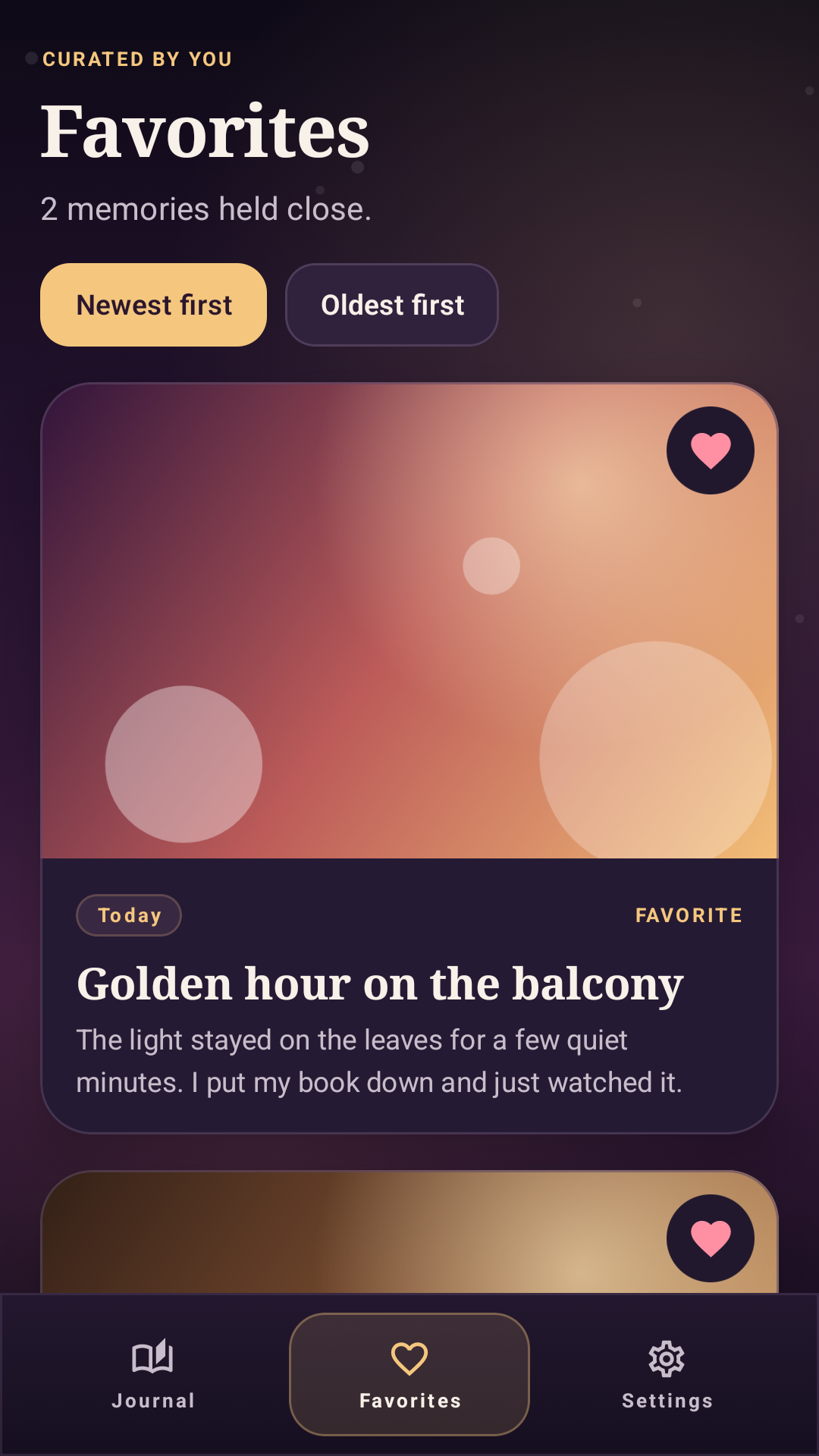 Light Capture Journal favorites interface